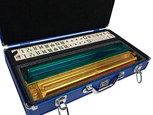 American Mah Jongg Set by White Swan – 166 Ivory Colored Engraved Tiles – 4 x All-in-One Rack/Pushers – Aluminum Case - Blue