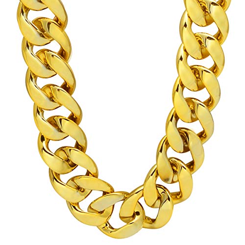 CrazyPiercing Faux Gold Acrylic Chain Necklace, 90s Punk Style Necklace Costume Jewelry, Hip Hop Turnover Chain Necklace, Plastic (32 inches, 35mm) (Gold)