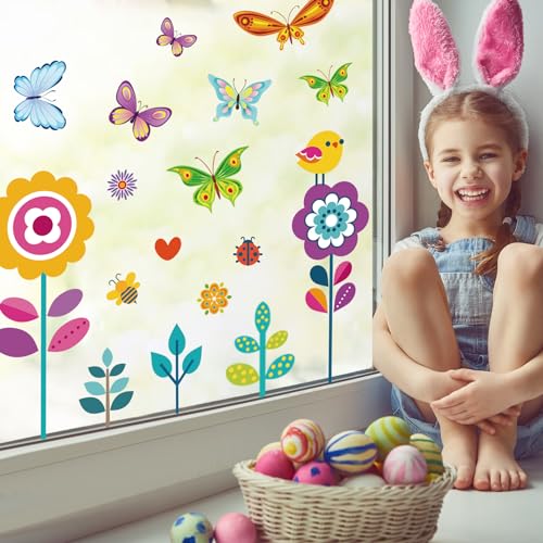 ROROP 107PCS Spring Flowers Window Clings Butterfly Window Clings Decals Stickers for Kids Holiday Window Clings Spring Decorations