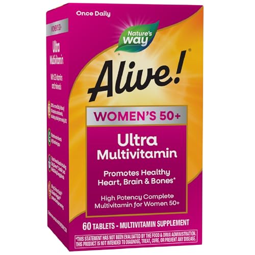 Nature’s Way Alive! Women’s 50+ Ultra Potency Complete Multivitamin, High Potency Formula, Promotes Healthy Heart, Brain, Bones*, Gluten-Free, 60 Tablets (Packaging May Vary)