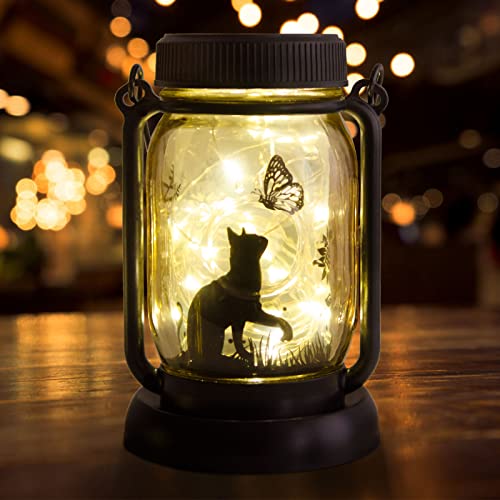 Cat Lover Gifts for Women/Grandma/mom/Sister Friend and Every one,cat & Butterfly Mason Jars Gift for Mother Day,Solar Lanterns Outdoor Waterproof, cat Decor,cat lamp Decor,cat Candle Holder,cat Gift