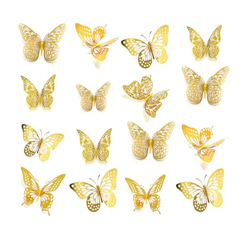 Meikeer 3D Butterfly Wall Decor 48 Pcs 4 Styles 3 Sizes, for Birthday Decorations Party Decorations, Removable Wall Stickers Interior Decorations Kids Nursery Classroom Wedding Decor (Gold)