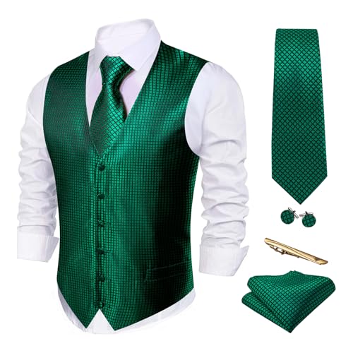 Barry.Wang Men Emerald Green Plaid Waistcoat with Tie Cufflinks Pocket Square Vest Set Wedding Christmas St. Patrick's Day