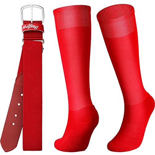 Zhanmai Baseball Belt and Socks Combo Adjustable Softball Socks and Belt Elastic Waist Belt for Youth Boys Girls, and Adult (Red,Youth)
