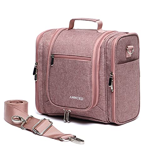 ANNCED Large Capacity Hanging Travel Toiletry Bag for Women and Men,With Shoulder Strap,Waterproof Bathroom Shower Caddy Organizer Kit for Toiletries,Accessories,Cosmetics, Makeup,Brushes,Dusty Pink