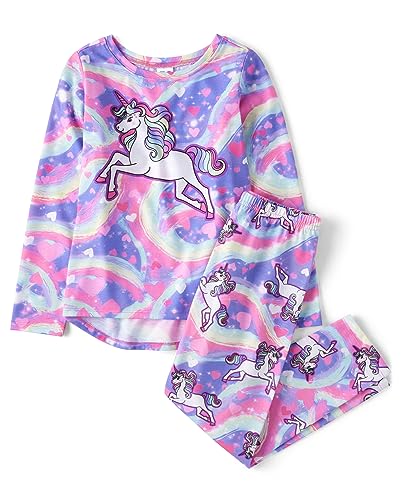The Children's Place Girls' Long Sleeve Top and Pants 2 Piece Pajama Set Seasonal, Unicorn Swirl, Medium