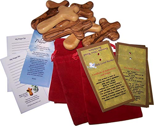 Holy Land Market Olive Wood Holding Hand Crosses with Gift Bags (with Red or Black Velvet Bag) from Bethlehem (6, 4 Inches)