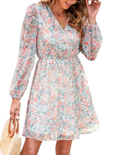 CUPSHE Women's V Neck Long Sleeve Floral Print Mini Dress Casual A Line Summer Short Dress