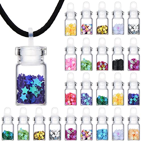 BBTO Pixie Necklaces Confetti Dust Bottles Mini Glass Bottle Necklace Wish Glass Jar with Glitter for Fairy Birthday Festive Party Daily Supplies (Star,32 Pieces)