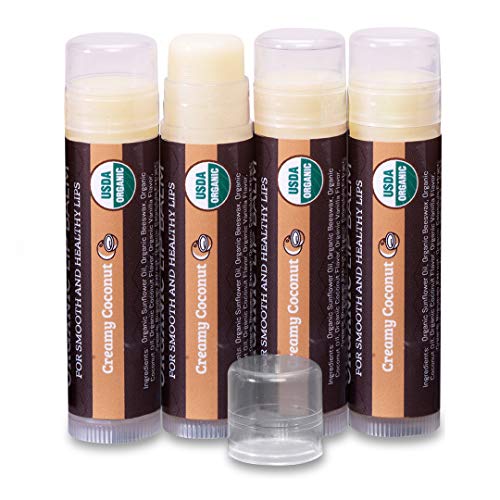 USDA Organic Lip Balm 4-Pack by Earth's Daughter - Creamy Coconut Flavor, Beeswax, Coconut Oil, Vitamin E - Best Lip Repair Chapstick for Dry Cracked Lips
