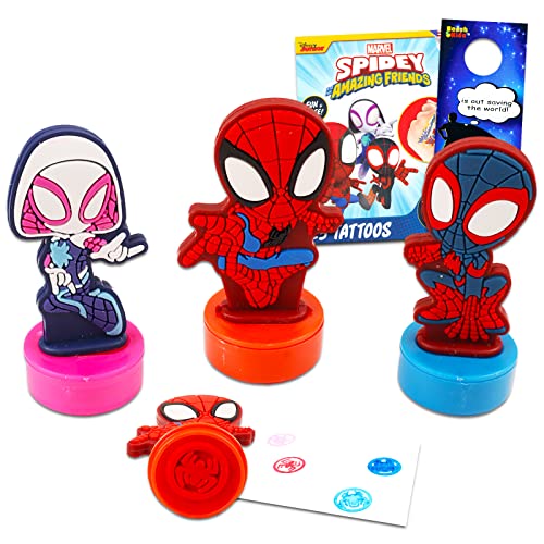Spidey and His Amazing Friends Stamps for Kids - Bundle with 3 Pc Spiderman Figurine Stampers for Party Favors Plus Stickers, More | Spiderman Figures Set, Spidey Stampers