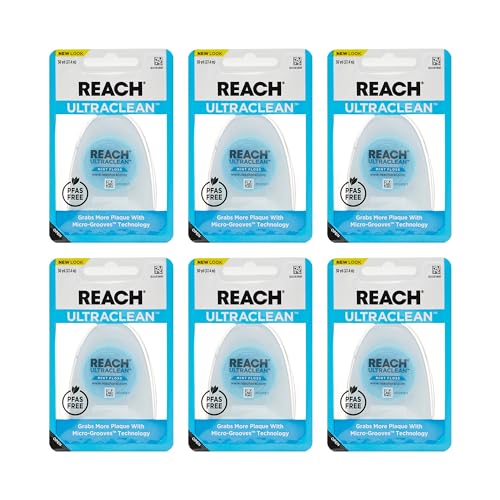 REACH Listerine Ultraclean Mint Waxed Dental Floss | Dental Floss | PFAS Free | Shred Resistant | Effective Plaque Removal | Mint Flavor | 30yd, 6 Pack, Package May Vary