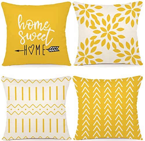 YCOLL Pillow Covers 18x18 Set of 4, Modern Sofa Throw Pillow Cover, Decorative Home Outdoor Linen Fabric Geometric Pillow Case for Couch Bed Car 45x45cm (Yellow)