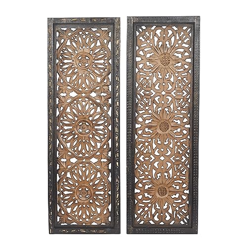 Deco 79 34087 Decor Intricately Carved Sculpture, set of 2 Wall Art 12' x 1' x 36', Brown