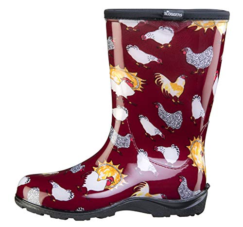 Sloggers Waterproof Garden Rain Boots for Women - Cute Mid-Calf Mud & Muck Boots with Premium Comfort Support Insole, (Chickens Barn Red), (Size 7)