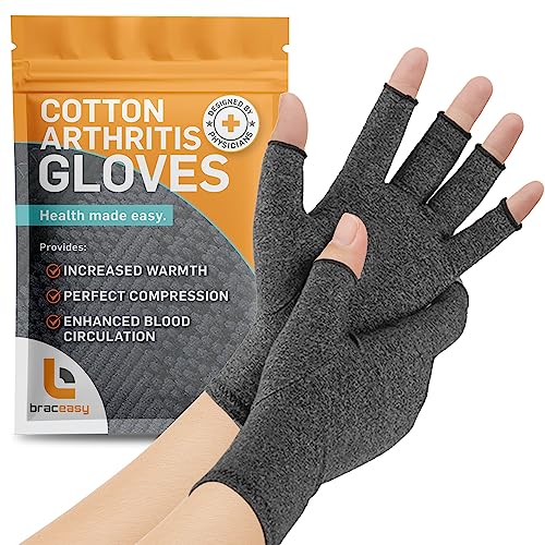 BracEasy Compression Gloves: Open-Fingertip Arthritis Gloves; Fingerless Gloves Men & Women; Open Finger Gloves, Ideal as Carpal Tunnel Gloves, Raynauds Gloves, Hand Brace for Arthritis [Grey, Medium]
