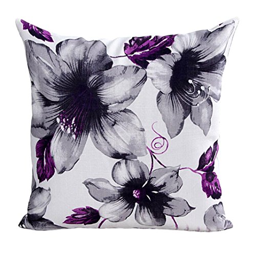 Bokeley Pillow Case, Cotton Linen Square Beautiful Flowers Print Decorative Throw Pillow Case Bed Home Decor Car Sofa Waist Cushion Cover (Purple)