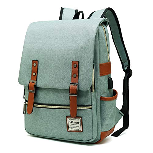 Mancio Vintage Laptop Backpack with USB Charging Port, Slim Tear Resistant Business Backpack for Travelling, College, Casual Daypacks for Men,Women, Fits up to 15.6Inch Notebook, Green