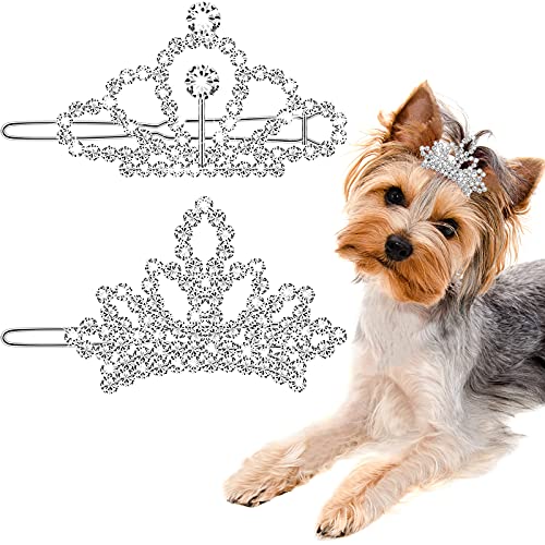 MTLEE 2 Pieces Dog Tiara Crown Hair Clips Clear Crystal Rhinestone Hair Barrettes Pet Crown Hair Clips Girls Puppies Barrette for Pet Dogs Grooming Hair Costume Accessories (Silver)