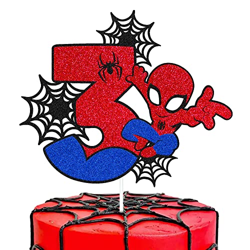 Spider 3rd Birthday Cake Topper Spider Cartoon Movie Themed Happy 3s Birthday Cake Decorations for Men Boy Children three Bday Party Supplies Double Sided Glitter Black Décor