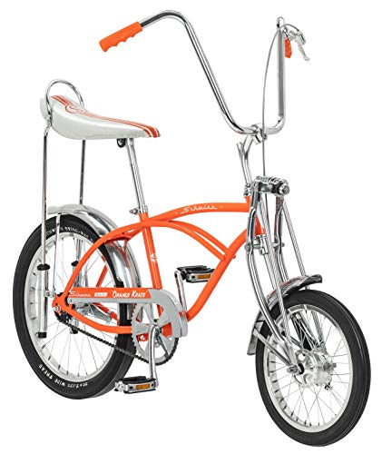 Schwinn Classic Orange Krate, Iconic Old School Kids Bike for Boys and Girls, High-Rise Ape Handlebar, Banana Seat, 16-Inch Front Wheel and 20-inch Rear Wheel, Spring Fork