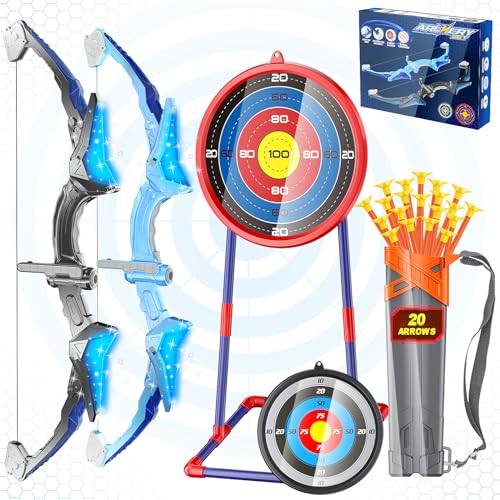 HOLIBIBE 2 Pack Kids Bow and Arrow, 20 Suction Cup Arrows, 2 Archery Targets&Quiver, Light-up Set for Kids Ages 4-8 8-12, Indoor Outdoor Toys for Boys Girls, (Black & Blue