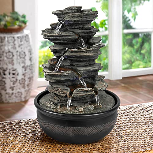 xpiyaer 15.7” High Rock Falls Tabletop Water Fountain with LED Lights - 5-Tier Indoor Relaxation Waterfall Fountain, Small Cascading Water Feature for Home and Office Decor
