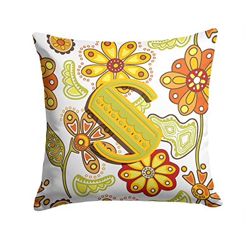 Caroline's Treasures CJ2003-SPW1414 Letter S Floral Mustard and Green Fabric Decorative Pillow 100% Machine Washable Pillow, Indoor or Outdoor Decorative Throw Pillow for Couch, Bed or Patio