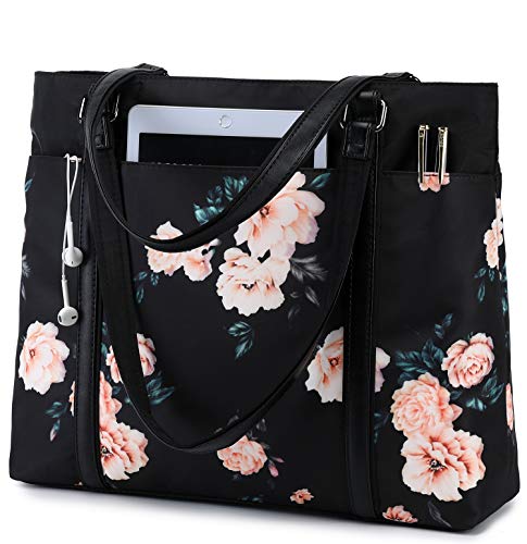 Laptop Tote Bag Womens Work Bags Purse Floral Teacher Handbag Shoulder Bag fit 15.6 in Laptop (Black - Peony Floral)