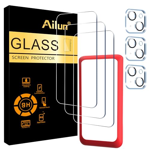 Ailun 3 Pack Screen Protector for iPhone 15 [6.1 inch] + 3 Pack Camera Lens Protector with Installation Frame,Case Friendly Tempered Glass Film,[9H Hardness] - HD [6 Pack]