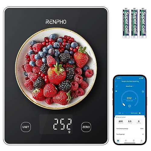 RENPHO Food Scale, Smart Kitchen Scale, Digital Cooking Scale with Nutrition Calculator, Weight Grams and Ounces, Food Weight Scale for Cooking Baking Keto Marco Diet, Black Glass, 22lb/10kg