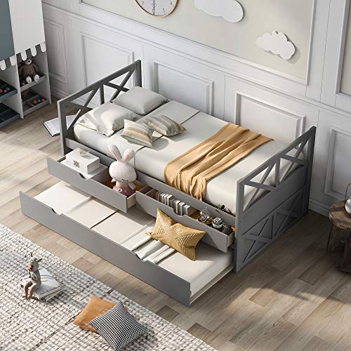 BOVZA Twin Size Daybed with Storage Drawers and Trundle, Wood Twin Captains Bed Frame for Bedroom and Living Room, Gray