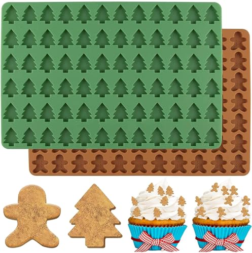 AnyDesign Christmas Silicone Molds Mini Xmas Tree & Gingerbread Candy Chocolate Mould Christmas Non-Stick Fondant Baking Mold for Handmade Soap Pudding Jelly Cake Cupcake Topper Decor, 2Pcs