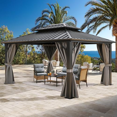 YITAHOME 10x12ft Hardtop Gazebo with Nettings and Curtains, Heavy Duty Double Roof Galvanized Steel Outdoor Combined of Vertical Stripes Roof for Patio, Backyard, Deck, Lawns, Gray