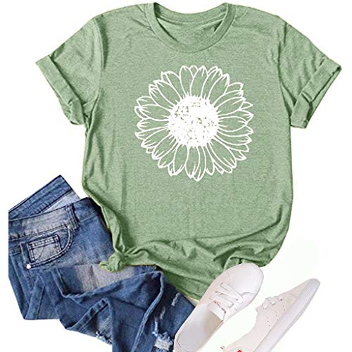 GLIGLITTR Women's Summer Sunflower T Shirt Cute Flower Graphic Loose Tees Crew Neck Short Sleeve Casual Tops (Light Green, Large)