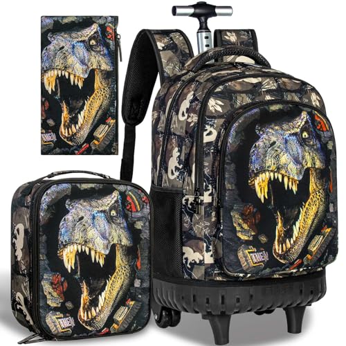 TXHVO 3PCS Rolling Backpack for Boys, 19 Inches School Roller Bookbag with Wheels, Dinosaur Travel Wheeled Backpacks with Lunch Box (Black)