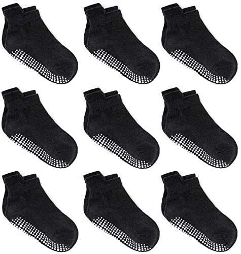 ZAPLES Baby Non Slip Grip Ankle Socks with Non Skid Soles for Infants Toddlers Kids Boys Girls, Black, 12-36 Months