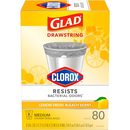 Glad Trash Bags, Medium Drawstring Trash Bags with Clorox, 8 Gallon Grey Trash Bags, Lemon Fresh Bleach Scent, (Package May Vary), Lemon, 80 Count