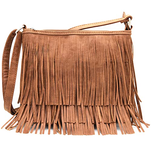 Western Cowgirl Fashion Style Leather Fringe Crossbody Handbags Women Purse Country Everyday Shoulder Bag (Brown)