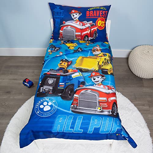 Paw Patrol Calling All Pups 4 Piece Toddler Bedding Set – Includes Comforter, Sheet Set – Fitted + Top Sheet + Reversible Pillowcase for Boys Bed, Blue