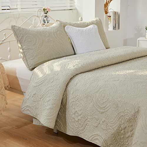 Brandream Beige Quilts Cotton Damask Matelasse King Size Quilted Comforter Set Lightweight Luxury Bedding Coverlet Set 3-Piece