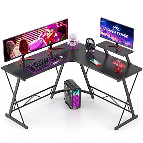 Mr IRONSTONE L Shaped Gaming Desk Corner Computer Desk, Home Office Desks Writing Workstation with Large Monitor Stand, Easy to Assemble (Black,51 Inch)