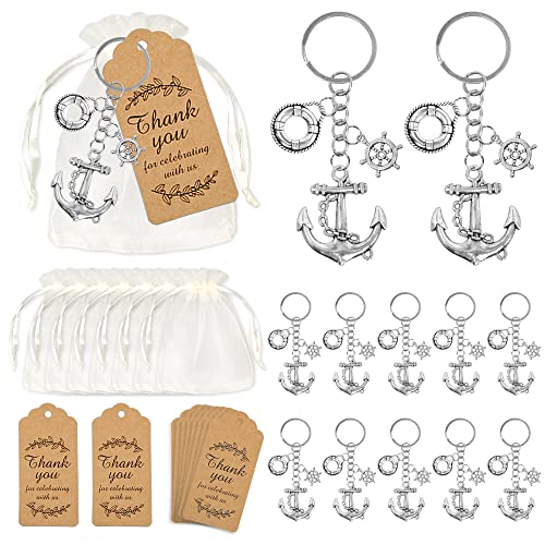 BANBALLON 12Set Nautical Party Favors Anchor Keychain with Rudder Lifebuoy and Gauze Bag Thank You Tags for Engagement Wedding Nautical Adventure Themed Party (Silver)