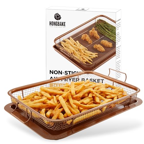 HONGBAKE Air Fryer Basket for Oven, 15.1'x10.6' Nonstick Baking Pan with Air Fry Crisper Tray, 2 Pieces Air Frying Accessories,Wide Edge, Copper