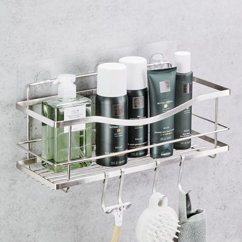 KINCMAX Shower Shelves 2-Pack - Premium Self Adhesive Shower Caddy w/ 4 Hooks - No Drill Large Capacity Stainless Steel Wall Shelf - Easy Mount Bathroom Organizer Racks - Silver