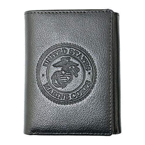 US Marine Corps Logo Genuine RFID Protection Leather TRIFOLD Wallet (Black)
