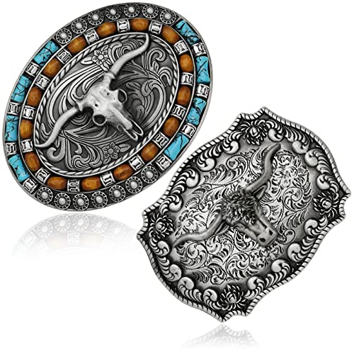 RechicGu 2 Pieces Turquoise Long Horn Bull Belt Buckles Western Cowboy Belt Buckle for Men Women Vintage Silver, 2 Styles