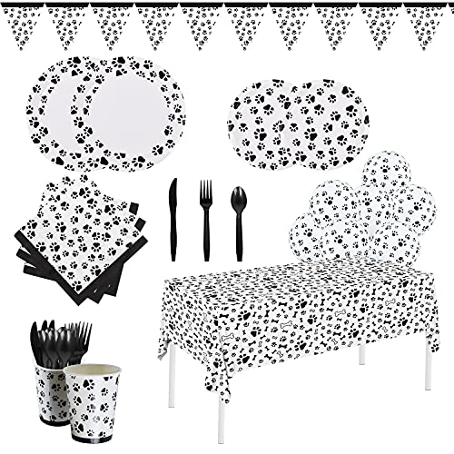 Gatherfun Dog Paw Prints Birthday Party Supplies Paper Plates Napkins Cups Knives Forks Spoons Tablecloth with Balloons and Banner for kids Birthday Party Puppy Themed Party Decorations, Serve 25