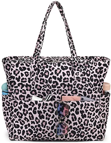 LEDAOU Large Beach Tote Bag Women Waterproof Sandproof Zipper Beach Tote Bag for Pool Gym Grocery Travel with Wet Pocket (Leopard)