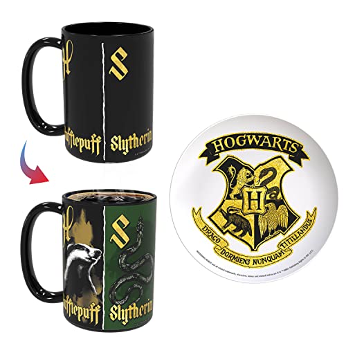 Zak Designs Harry Potter Ceramic Color Changing Mug and Plate Set for Coffee, Tea, Breakfast or Dessert with Unique Heat Reactive Artwork (2-Piece, Non BPA, Hogwarts) 15 fluid ounces